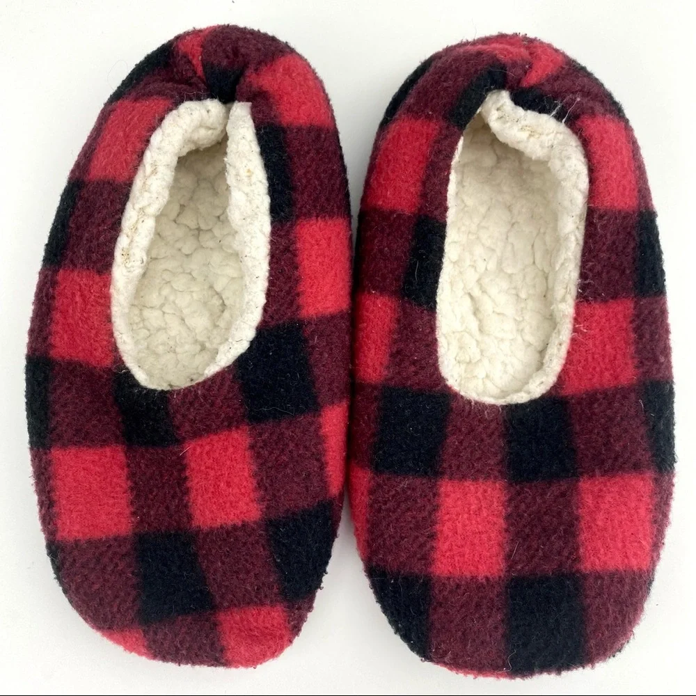 Buffalo Check Plaid Flannel Slippers Sherpa-Lined Rubber Grip Bottom House Shoe
